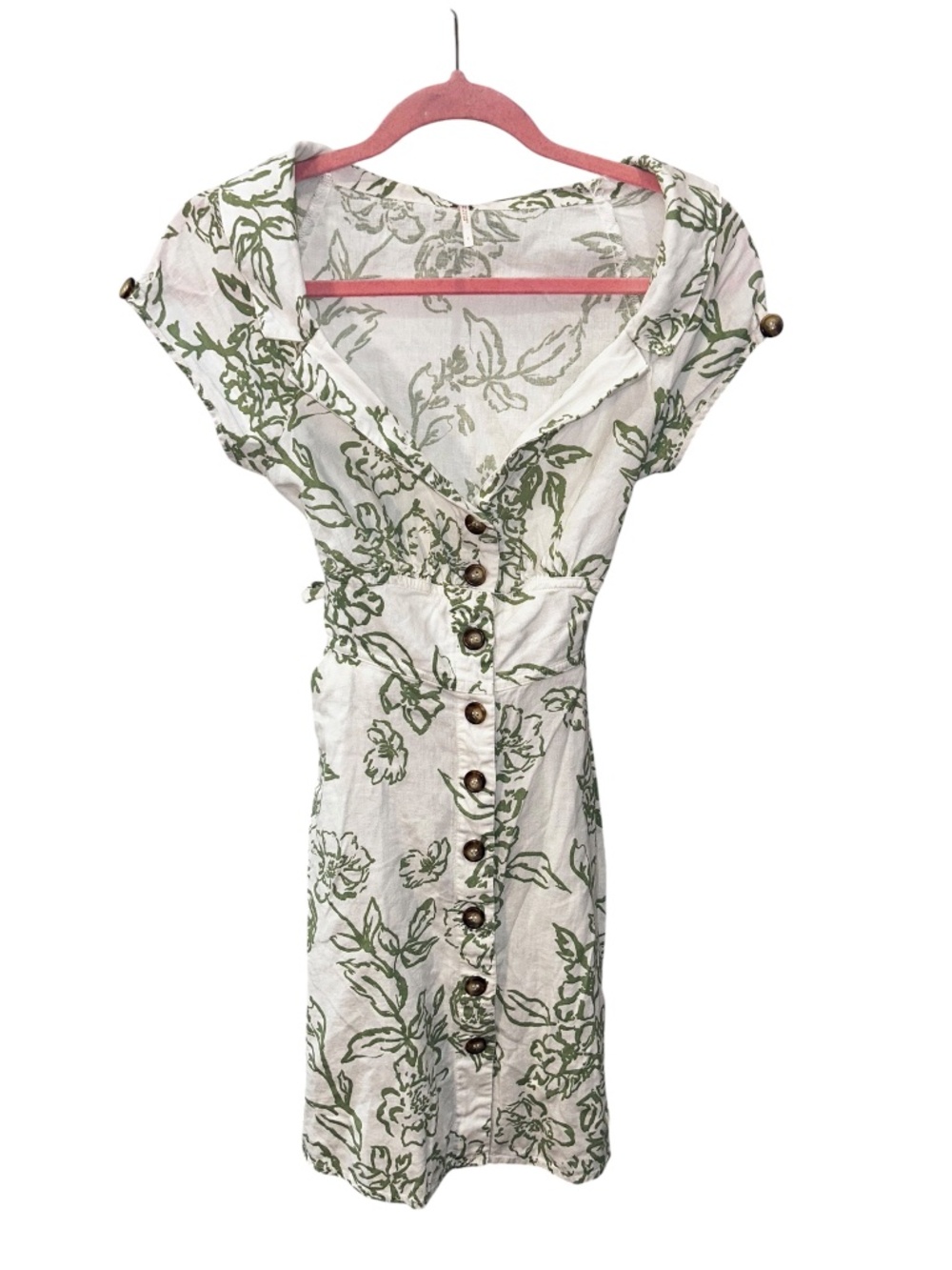 Free People green white linen deep neckline button front classic house dress 2